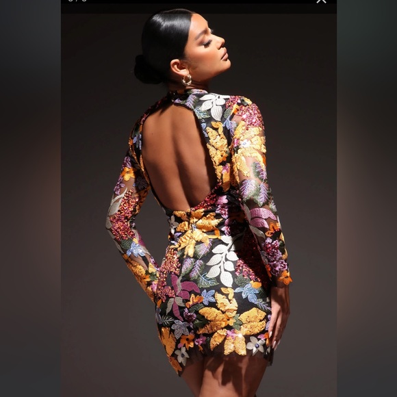 NWT Fashion Nova Ava Long Sleeve Embroidered Mini Dress S Black Floral Bodycon - Picture 3 of 10